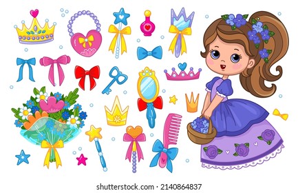 Little princess in a purple fluffy dress and a bouquet of flowers. Set of accessories, bags, crown, bouquet of flowers, beads, jewelry, perfume, cosmetics, mirror. Vector illustration isolate.