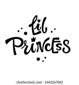 Little Princess quote. Simple black color Fairytale theme baby shower hand drawn lettering logo phrase.Vector grotesque script style text. Polka dot decor. 