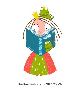 Little Princess Reading Fairy Tale with Prince Frog Sitting on Head. Colorful fun childish hand drawn illustration for kids fairy tale.