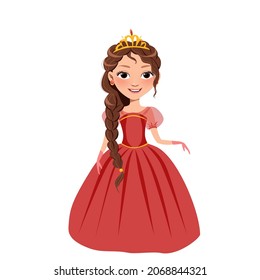 A little princess in a red dress and with a golden tiara. Cute vector illustration for children's room, print, fashion print