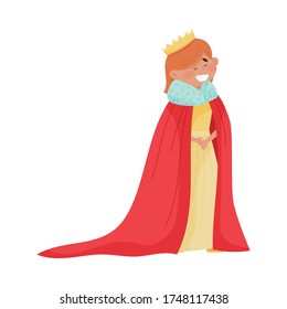 Little Princess with Red Hair Wearing Crown and Dressy Cloak Vector Illustration