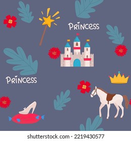 Little princess seamless pattern. Bright pink, gray, cream colors. Illustration of crowns and little hearts
