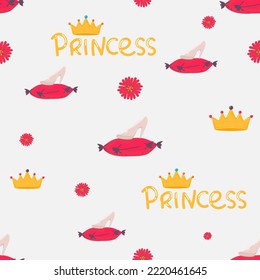 Patrón sin fisuras de princesa pequeña. Color rosa claro, gris, crema. Ilustración de coronas y corazones pequeños