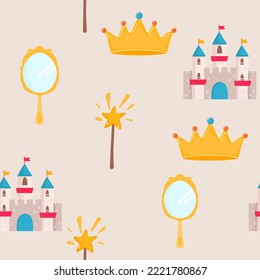Little princess seamless pattern. Bright pink, cream colors. Illustration of crowns and little hearts.