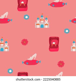 Little princess seamless pattern. Bright pink, gray, cream colors. Illustration of crowns and little hearts. shoe cinderella castle engagement ring