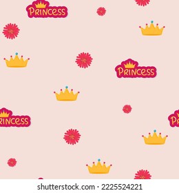 Little princess seamless pattern. Bright pink, gray, cream colors. Illustration of crowns.