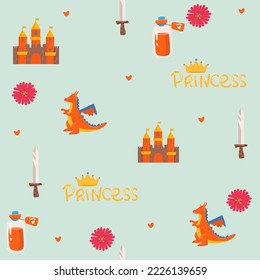 Little princess seamless pattern. Bright pink, gray, cream colors. Illustration of crowns and little hearts. castle for princess fairy tale
