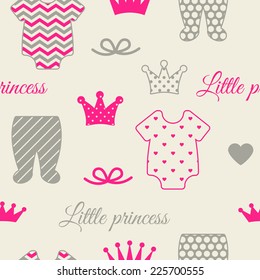 Little princess seamless pattern. Bright pink, gray, cream colors. Illustration of baby clothes, crowns and bows. 