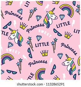 Little princess seamless pattern. Cute icons. Repeat pattern for kids. Unicorn, rainbow, diamond, sunglasses drawing.