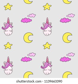 Little princess seamless pattern. Dreaming unicorn seamless pattern.