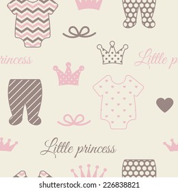 Little princess seamless pattern. Pink, cream, brown colors. Illustration of baby clothes, crowns and bows. 