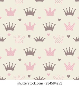 Little princess seamless pattern. Pink, brown, cream colors. Illustration of crowns and little hearts. 