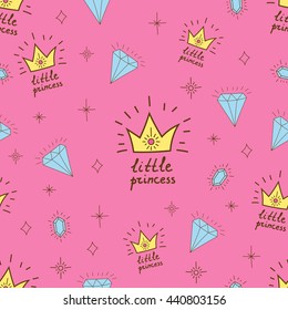 Little princess seamless pattern. Pink, brown, blue and yellow colors. Illustration of crowns and diamonds.