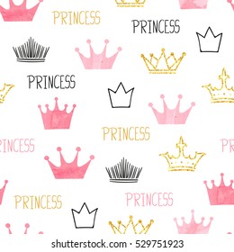 Little princess seamless pattern in pink and golden colors. Vector background with watercolor and glittering crowns