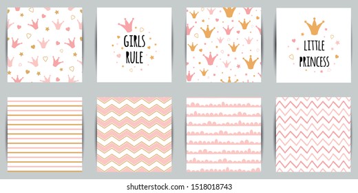 Little princess seamless pattern set in pink golden color queen crown background card Striped Zigzag