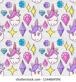 Little princess seamless pattern. Seamless pattern with unicorn. Hand-drawn vector background.
