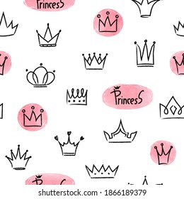 Little princess seamless pattern. Vector background with hand drawn doodle crowns