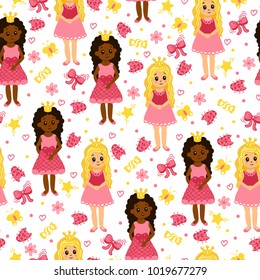 Little princess. Seamless pattern with young girls, ladybug, bows, stars and flowers. African american girl. Cute vector background. 