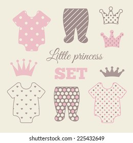 Little princess set. Pink, brown, cream colors. Illustration of baby clothes and princess crowns.