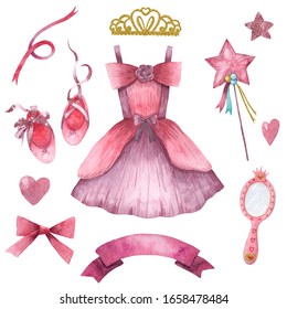 Little princess set of watercolor elements. Pink apparel and accessories for little princess