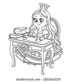 Little princess sits at a table and writes with pen on parchment outlined for coloring book 
