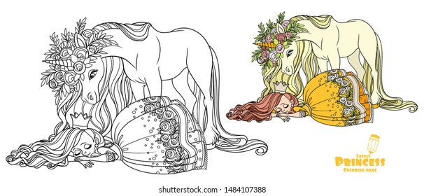 Little princess sleeping and a magical unicorn in large wreath of roses is looking at her color and outlined picture for coloring book on white background