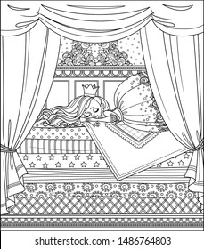 La princesa duerme en una cama alta con muchos colchones y baldaquín dibujando un libro de colores sobre fondo blanco