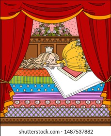 Little princess sleeping on a high bed with many mattresses color and outlined picture for coloring book on white background