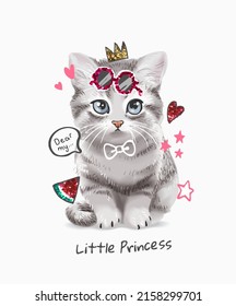 little princess slogan with cute kitten with colorful sequin icons vector illustration