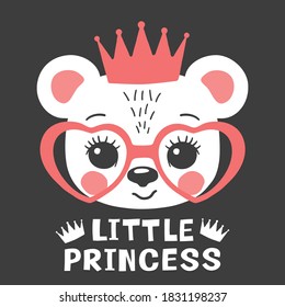 Little Princess slogan text with cute bear face, pink crown, heart glasses on dark background for t-shirt prints and other uses