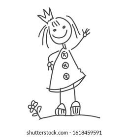 The little princess smiles and waves us a hand. Children's drawings. Doodle style. A child in a dress with three large buttons and a crown on his head stands on the ground, a flower grows nearby
