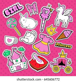 Little Princess Stickers, Badges and Patches. Doodle for Cute Girl with Unicorn, Crown and Lollipop. Vector illustration