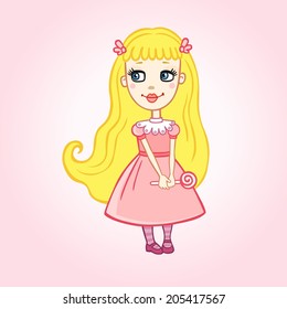 Little princess with sugar candy in the hands, isolated, on a pink background.  Template for design and decoration
