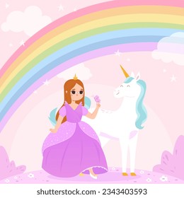 Little princess, sweet girl in dress with magic unicorn. Cartoon beauty fairy tale background, baby graphic art. Fantasy world snugly vector scene