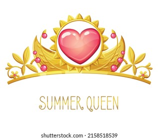 Little Princess Tiara With Heart Shaped Jewel Stone Vector Illustration Isolated On White Background. Golden Crown For Summer Queen Cartoon Icon With Sun And Flowers Elements