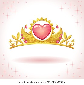 Little princess tiara with heart shaped jewel stone vector illustration isolated on white background. Golden crown with sun and summer elements cartoon icon