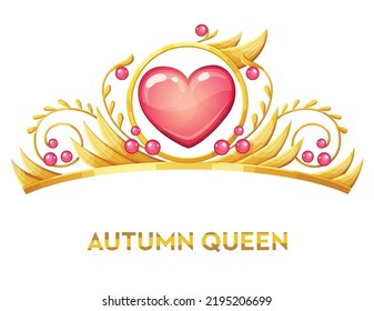 Little Princess Tiara With Heart Shaped Jewel Stone Vector Illustration Isolated On White Background. Golden Crown For Autumn Queen Cartoon Icon With Grass And Flowers Elements