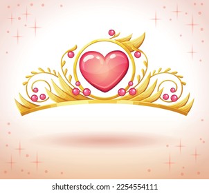 Little princess tiara with heart shaped jewel stone vector illustration isolated on white background. Golden crown for autumn queen cartoon icon with grass and flowers elements