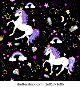 Little Princess unicorn.Beautiful multi-colored pattern.illustration with unicorn, crown, rainbow and cute princess elements.