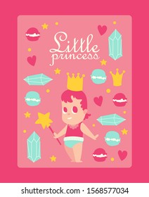 Little princess, vector illustration. Cute baby girl with crown and magic wand, flat style icons, poster in pink colors. Invitation to baby shower, birthday greeting card, template with place for text