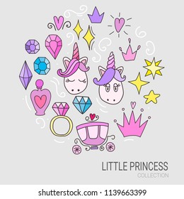 Pequeña princesa vectorial conjunto de elementos de diseño. Colección de cosas para la ducha de bebé. La colección contiene unicornio, diadem, gemas, joyas, estrellas y otras cosas de la princesa.