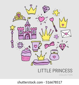 Little princess vector set of design elements. Collection things for girl baby shower. 