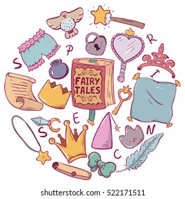 Little princess vector set of design elements. Collection for girl baby shower: belongings, objects, icons, with crown, ink, mirror, panties, key, lock, pillow heart.vector cartoon doodle illustration