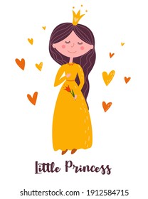 Little Princess. The princess in a yellow dress is holding a flower. Children's illustration. Print.