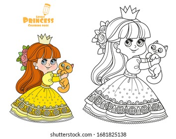 Little princess in yellow dress holds cute kitten in hands outlined and color for coloring book