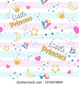 Little Princess.Beautiful multi-colored pattern.illustration with inscription, crown and cute princess elements.Striped background