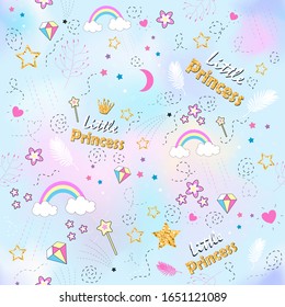 Little Princess.Beautiful multi-colored pattern.illustration with inscription, crown, rainbow and cute princess elements.