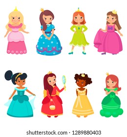 Little princesses in colorful beautiful dresses and gold crowns. Cute smiling queens. Set of fairy tale pretty kids. Cartoon style. Vector illustration.