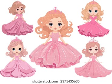 Little princesses in colorful beautiful dresses and gold crowns. Cute smiling queens. Set of fairy tale pretty kids. Cartoon style. Vector illustration.