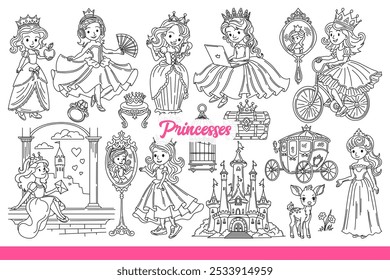 Little princesses in crown and beautiful dress, near fairytale castles or mirrors. Teenage girls playing princesses from children fairy tales and stories about magical land. Hand drawn.